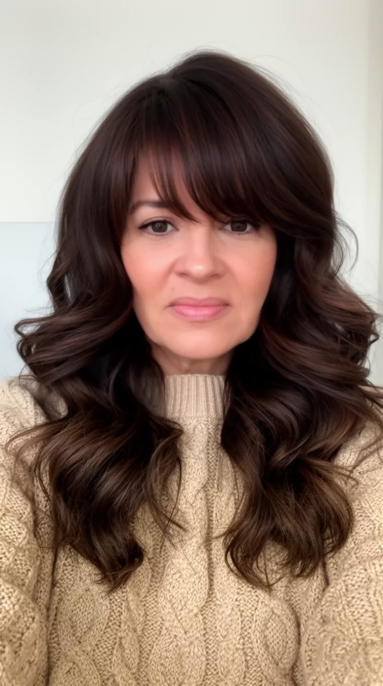 selfie of a 41-year-old woman wearing a cozy beige cable-knit sweater with a Voluminous Mocha Dream colored long, voluminous, wavy dark brown hair and face-framing layers hairstyle, front view, minimal background.