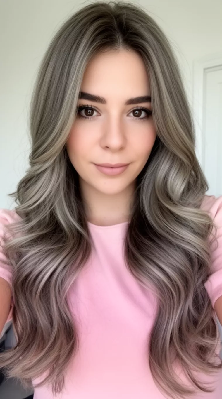 selfie of a 27-year-old woman wearing a light pink top with a Soft Ash Brown With Face Framing colored long, wavy, ash-brown hair with subtle highlights and face-framing layers hairstyle, front view, minimal background.