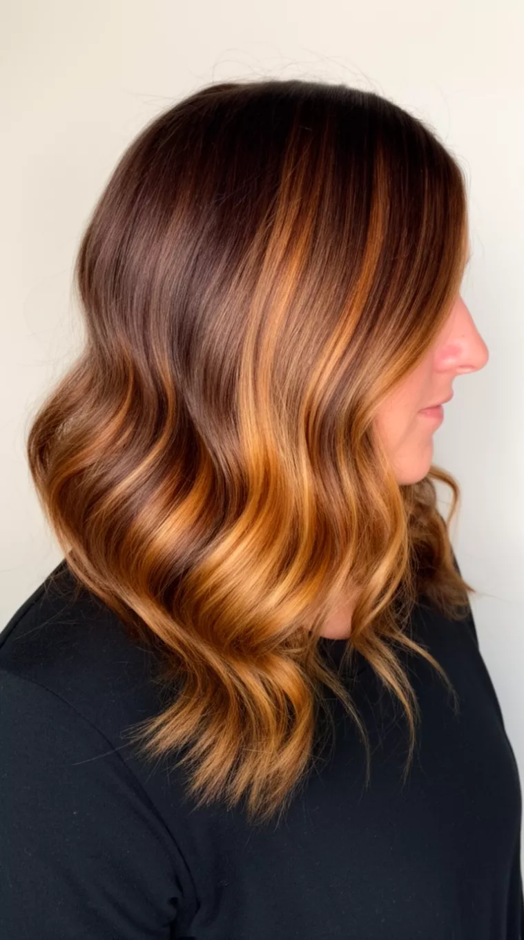 casual photo of a 39-year-old woman wearing a black top with a Dimensioned Caramel Swirl colored dark brown hair and prominent caramel balayage hairstyle, side view, minimal background.