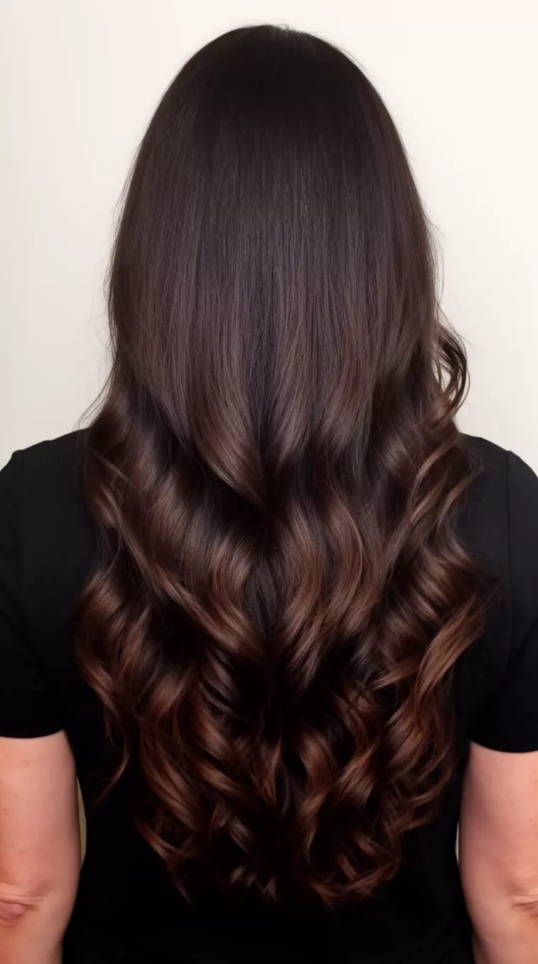 casual photo of a 49-year-old woman wearing a black top with a Deep Chocolate Texture colored very long, dark brown hair with soft, cooler-toned waves hairstyle, back view, minimal background.