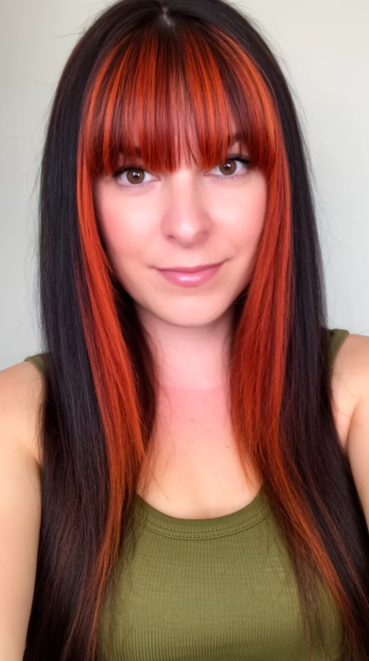 selfie of a 31-year-old woman wearing an olive green tank top with a Auburn Infused Brunette colored very long, dark brown hair featuring prominent auburn face-framing layers and curtain bangs hairstyle, front view, minimal background.