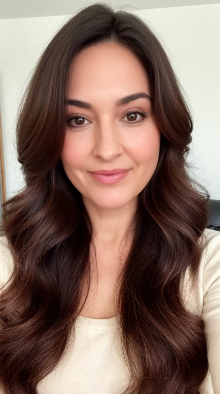 selfie of a 37-year-old woman wearing a light-colored top with a Natural Chestnut Radiance colored long, voluminous dark brown hair hairstyle, front view, minimal background.