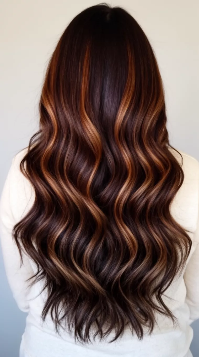 casual photo of a 44-year-old woman wearing a light-colored top with a Dimensional Cocoa Ripple colored very long, wavy dark brown hair with rich, lighter brown and caramel highlights hairstyle, back view, minimal background.