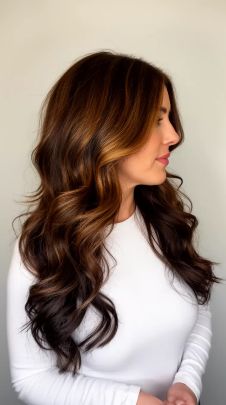 casual photo of a 38-year-old woman wearing a white long-sleeved top with a Sun Drenched Chestnut Waves colored long, dark brown hair with warm highlights styled in large waves hairstyle, side profile, minimal background.