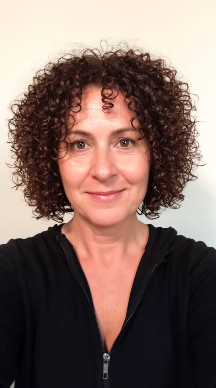 selfie of a 40-year-old woman wearing a black zip-up top with a Rich Textured Curls colored chin-length, dark brown, highly textured curly hair hairstyle, front view, minimal background.