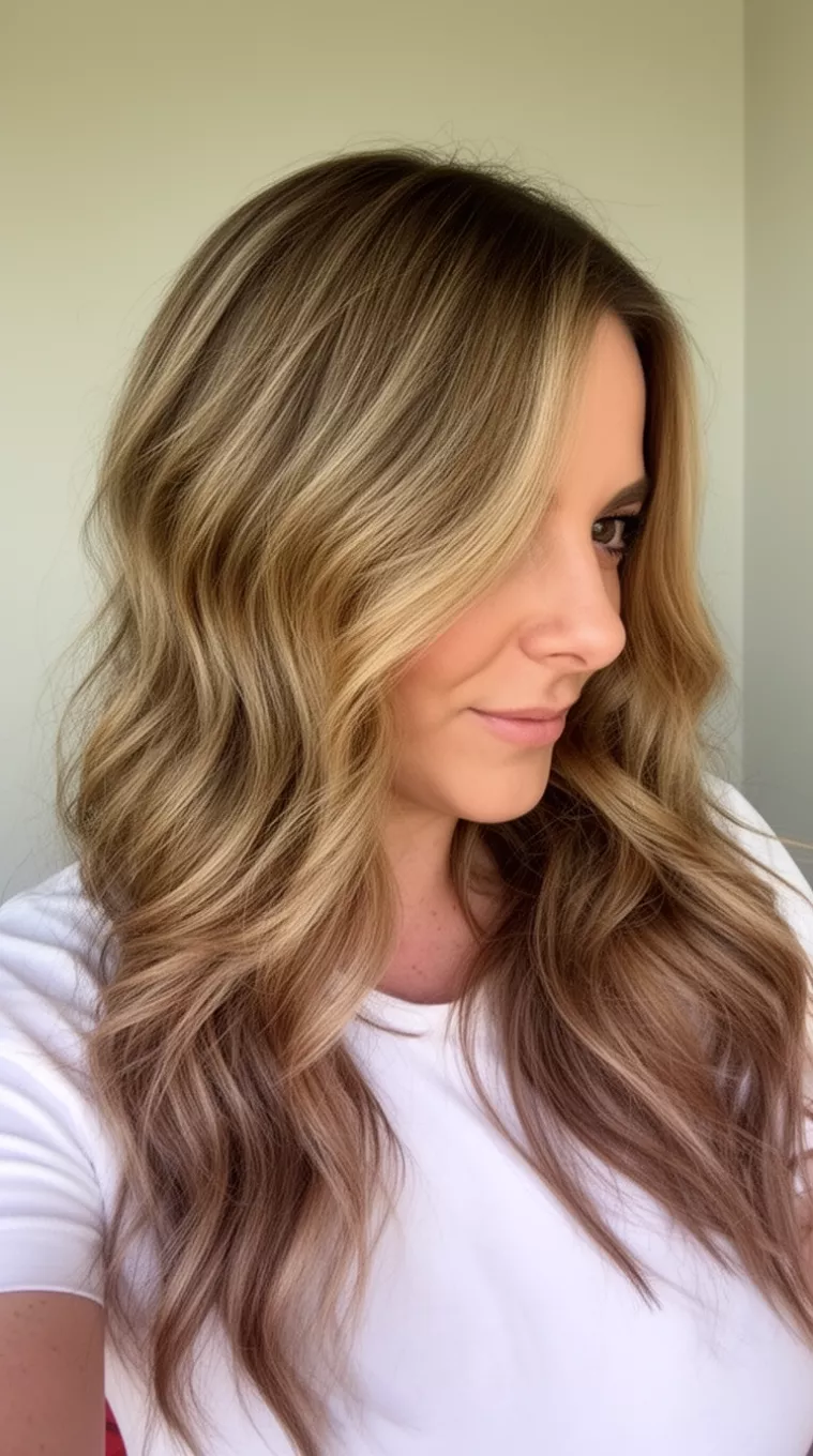selfie of a 32-year-old woman wearing a white top with a Beachy Sand Stone Waves colored long light brown hair with dimensional highlights hairstyle, side view, minimal background.