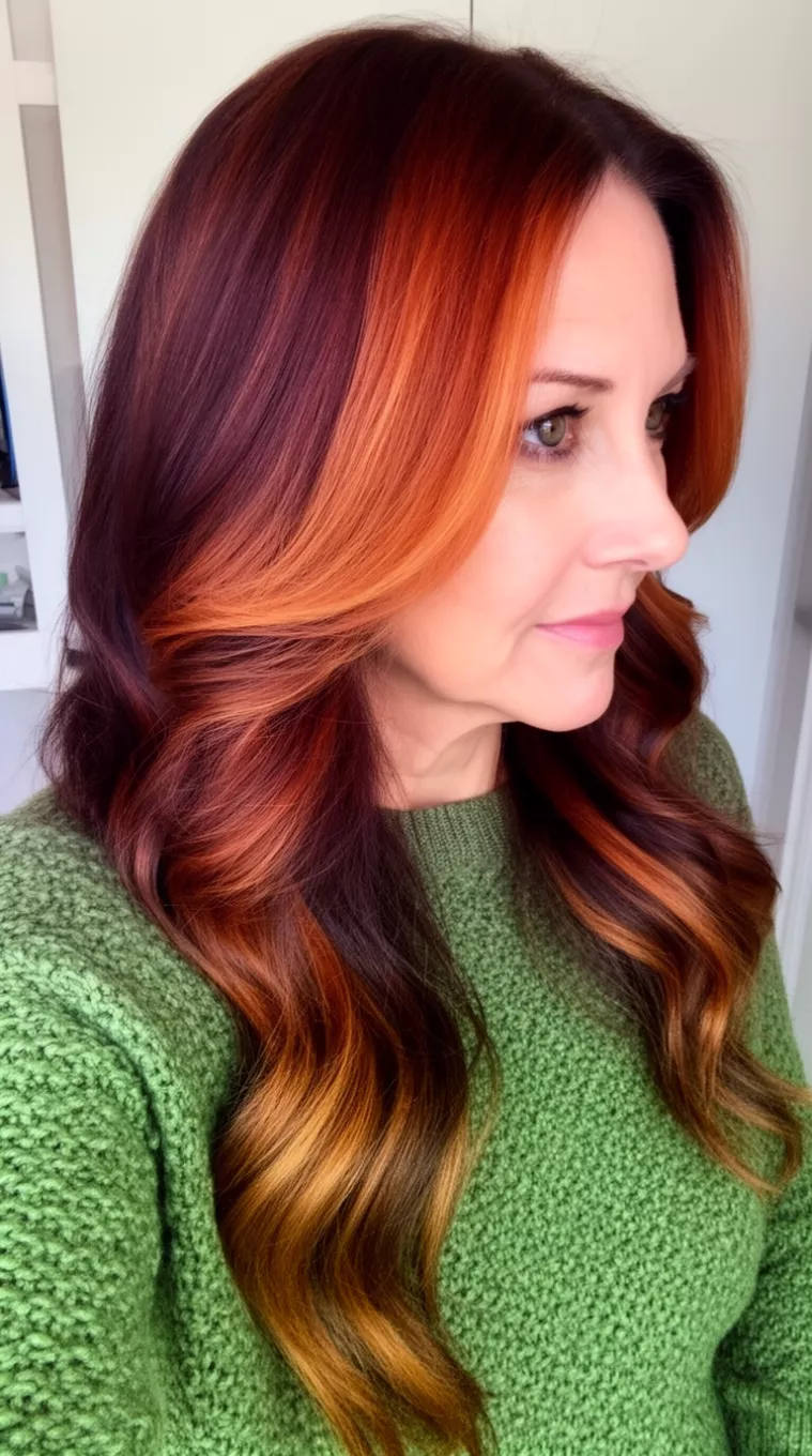 selfie of a 43-year-old woman wearing a textured green sweater with a Copper Sunset Waves colored long rich dark brown hair with warm coppery-reddish caramel highlights hairstyle, side view, minimal background.