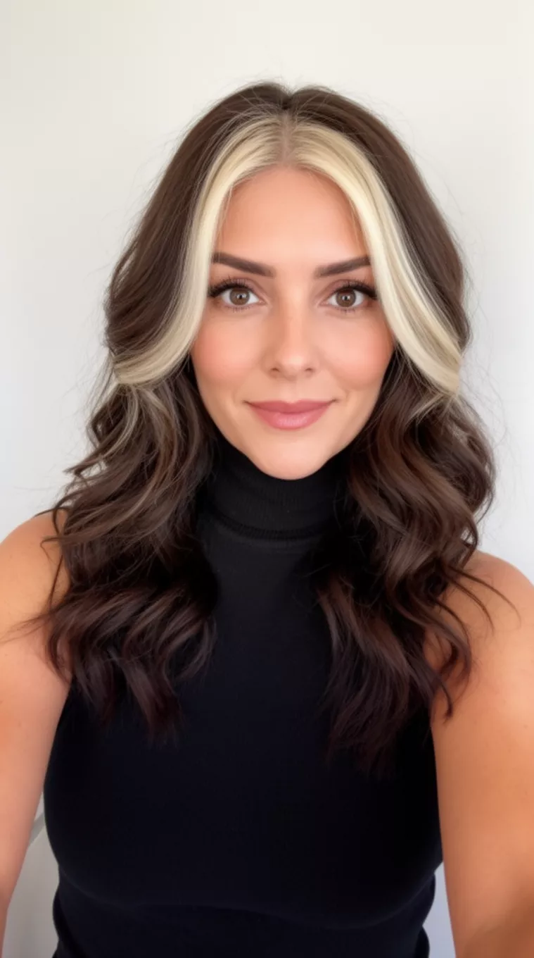 selfie of a 35-year-old woman wearing a black sleeveless turtleneck with a High Contrast Face Frame colored long dark brown wavy hair with striking blonde pieces hairstyle, front view, minimal background.