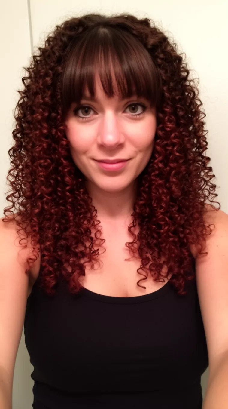 selfie of a 29-year-old woman wearing a black tank top with a Auburn Infused Tight Curls colored voluminous dark brown to auburn tight curls with bangs hairstyle, front view, minimal background.