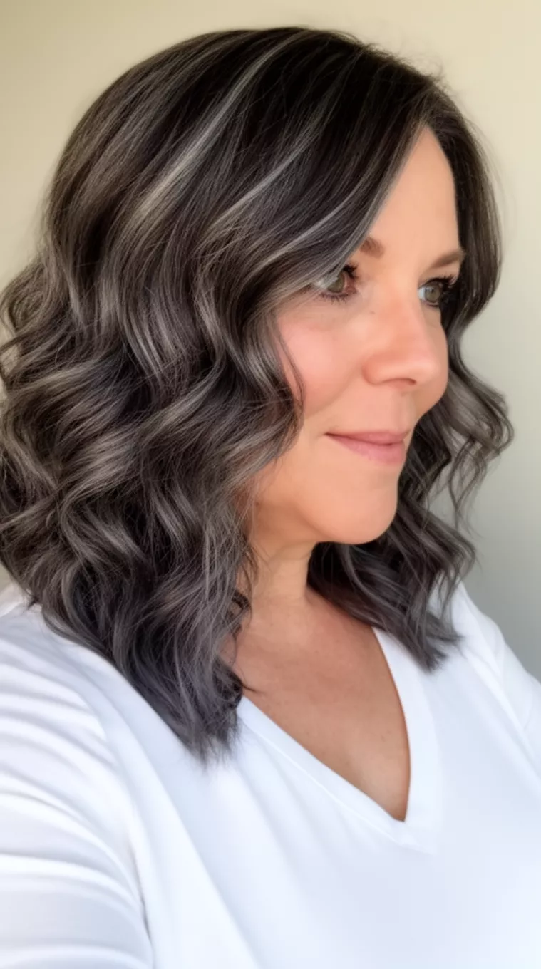 selfie of a 44-year-old woman wearing a white V-neck top with a Ash Smoke And Charcoal Waves colored medium-length wavy hair in cool-toned dark brown with ash highlights hairstyle, side view, minimal background.