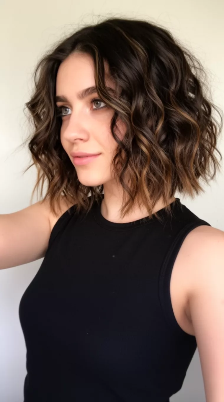 selfie of a 27-year-old woman wearing a black sleeveless top with a Messy Cocoa Bean Bob colored dark brown wavy messy bob with subtle lighter brown highlights hairstyle, side view, minimal background.