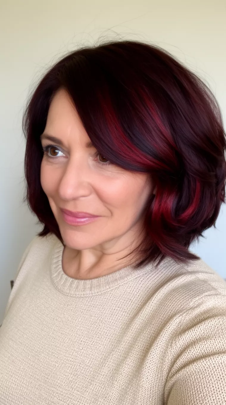 selfie of a 40-year-old woman wearing a light beige knit top with a Rich Mahogany Polished Bob colored dark rich brown bob with subtle reddish waves hairstyle, side view, minimal background.