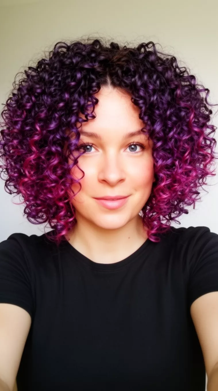 selfie of a 34-year-old woman wearing a black top with a Purple Rain Curly Bob colored voluminous short to medium curly hair with dark purple and pink highlights hairstyle, front view, minimal background.