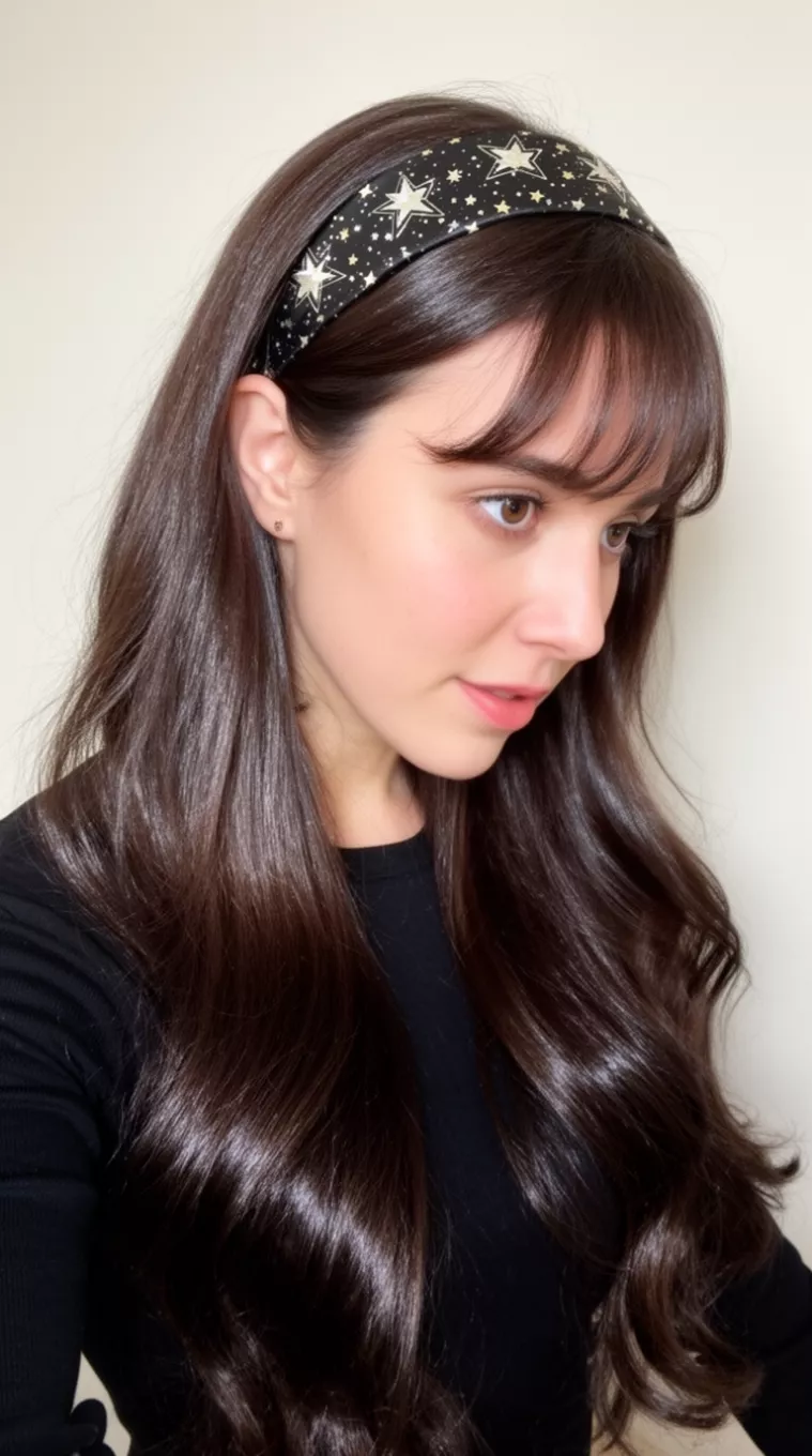 selfie of a 30-year-old woman wearing a black top with a Starry Night Espresso colored ultra-glossy dark brown long hair with star headband hairstyle, side view, minimal background.