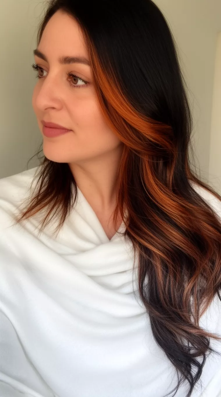 selfie of a 33-year-old woman wearing a white shawl with a Framing Chestnut Glow colored long dark hair with subtle warm chestnut highlights hairstyle, side view, minimal background.