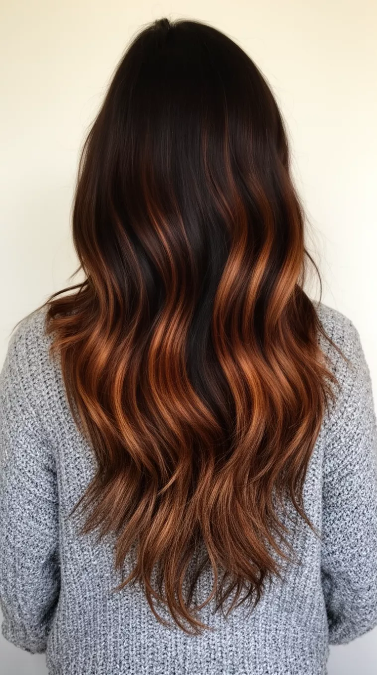 casual photo of a 45-year-old woman wearing a chunky grey knit sweater with a Lush Bronze Dimensional Waves colored very long dark brown hair with warm medium brown highlights hairstyle, back view, minimal background.