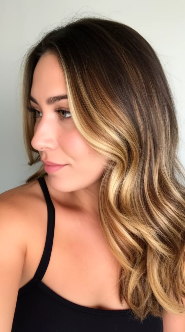 selfie of a 28-year-old woman wearing a black strap top with a Vanilla Bean Balayage colored medium-long dark brown hair with blonde and caramel balayage hairstyle, side view, minimal background.