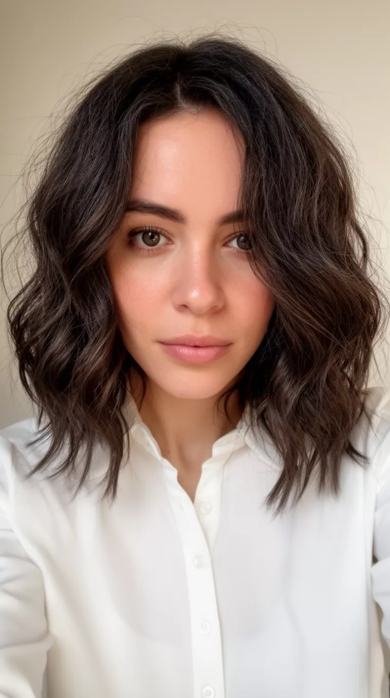 selfie of a 27-year-old woman wearing a white collared top with a Shaggy Charcoal And Cocoa Lob colored shaggy medium-length dark brown wavy lob hairstyle, angled front view, minimal background.