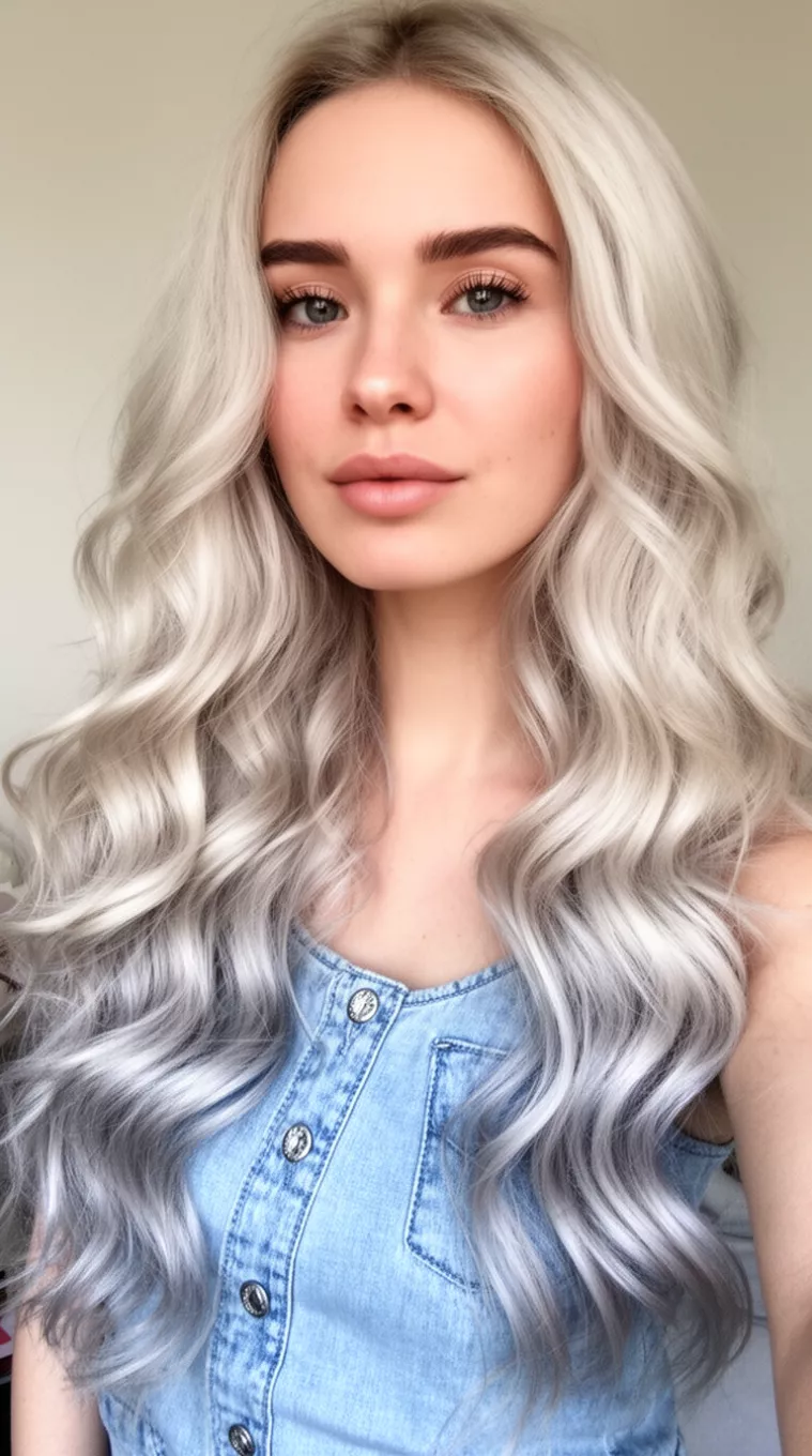 selfie of a 27-year-old woman wearing a light blue denim top with a Arctic Platinum Silk colored very long, wavy, platinum blonde hairstyle, side view, minimal background.