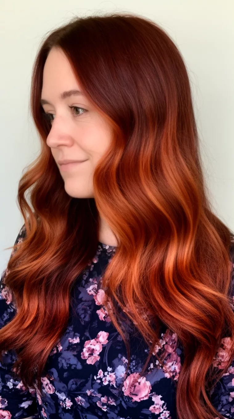 casual photo of a 34-year-old woman wearing a dark floral top with a Rich Mahogany Copper colored long, wavy hair with auburn hues and copper highlights hairstyle, side view, minimal background.