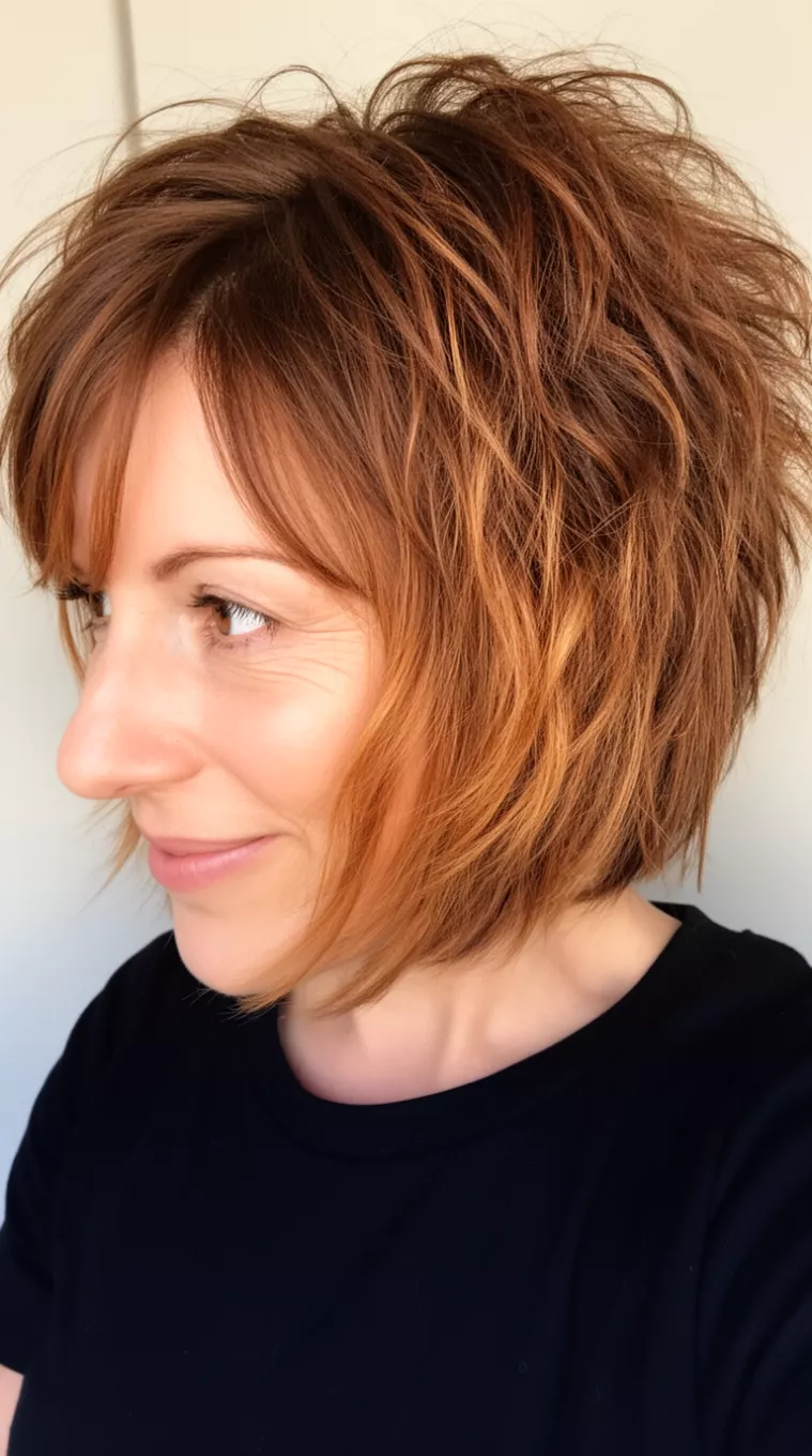 selfie of a 36-year-old woman wearing a black top with a Toasted Toffee colored textured, layered, messy brown bob hairstyle with caramel highlights, side view, minimal background.