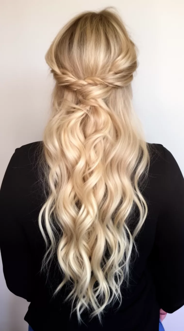 casual photo of a 28-year-old woman wearing a black top with a Pearl Vanilla colored very long, wavy blonde hairstyle in a half-up/half-down look, back view, minimal background.