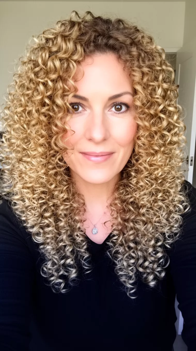 selfie of a 37-year-old woman wearing a black top with a Tawny Birch colored voluminous, tight curls with blonde and brown tones hairstyle, front view, minimal background.