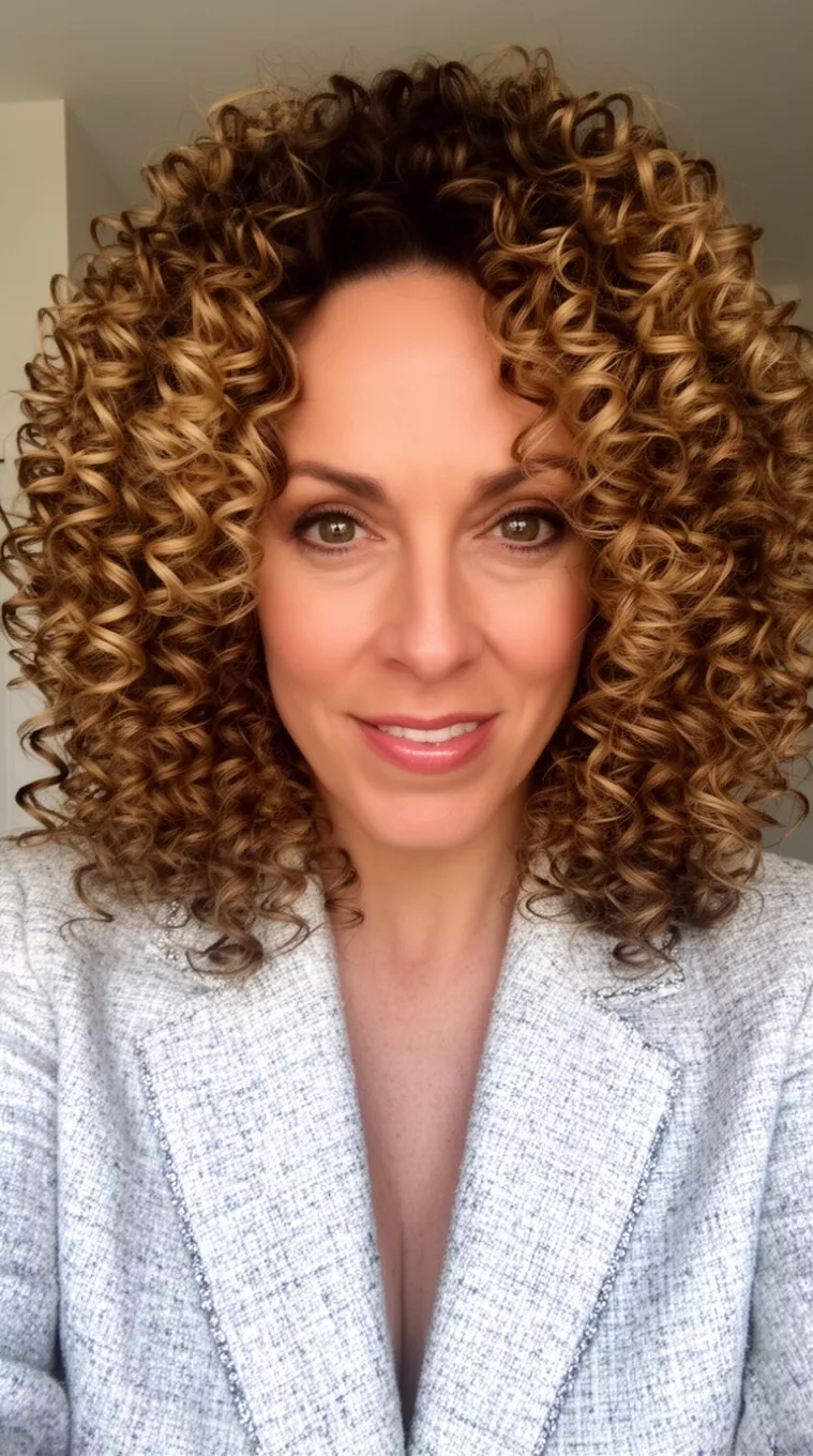 selfie of a 38-year-old woman wearing a light gray tweed blazer with a Sun-Drenched Caramel colored voluminous, tight, highlighted brown and blonde curls hairstyle, front view, minimal background.