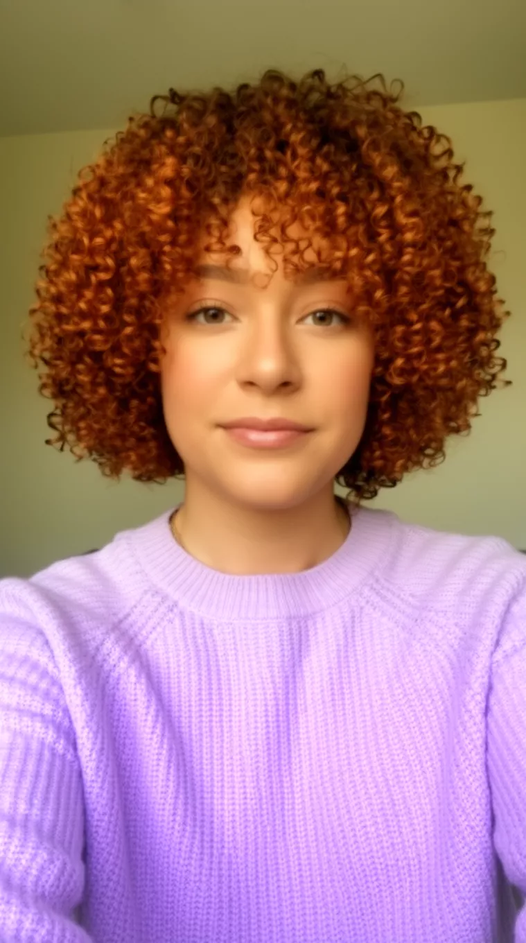 selfie of a 31-year-old woman wearing a light purple knit top with a Auburn Sunset colored chin-length, tightly coiled brown/auburn curls hairstyle, front view, minimal background.