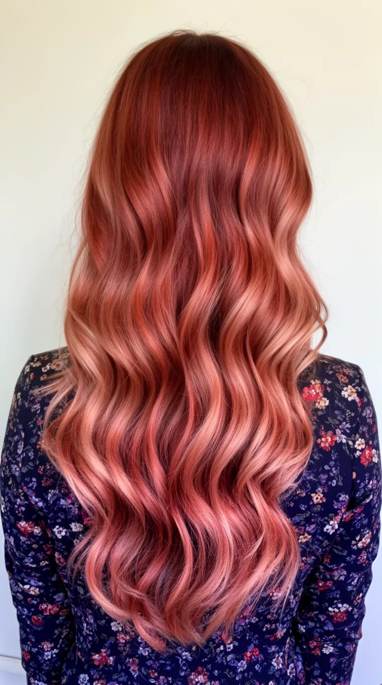 casual photo of a 30-year-old woman wearing a dark floral top with a Rosewood Copper colored very long, flowing, wavy hair with reddish-brown base and rose-gold highlights hairstyle, back view, minimal background.