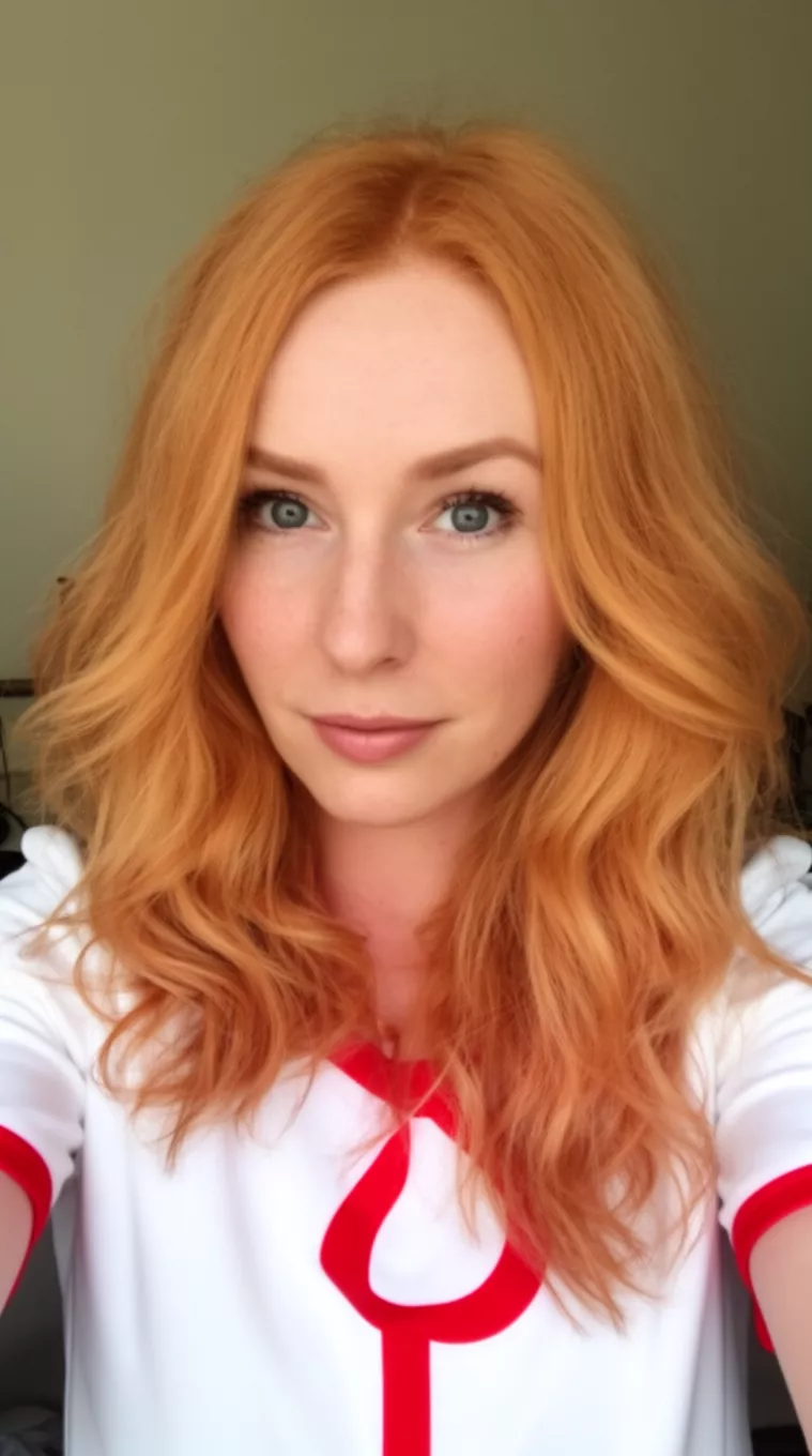 selfie of a 33-year-old woman wearing a white top with red detailing with a Warm Apricot Blonde colored medium-long, wavy, warm reddish-blonde hairstyle, front view, minimal background.