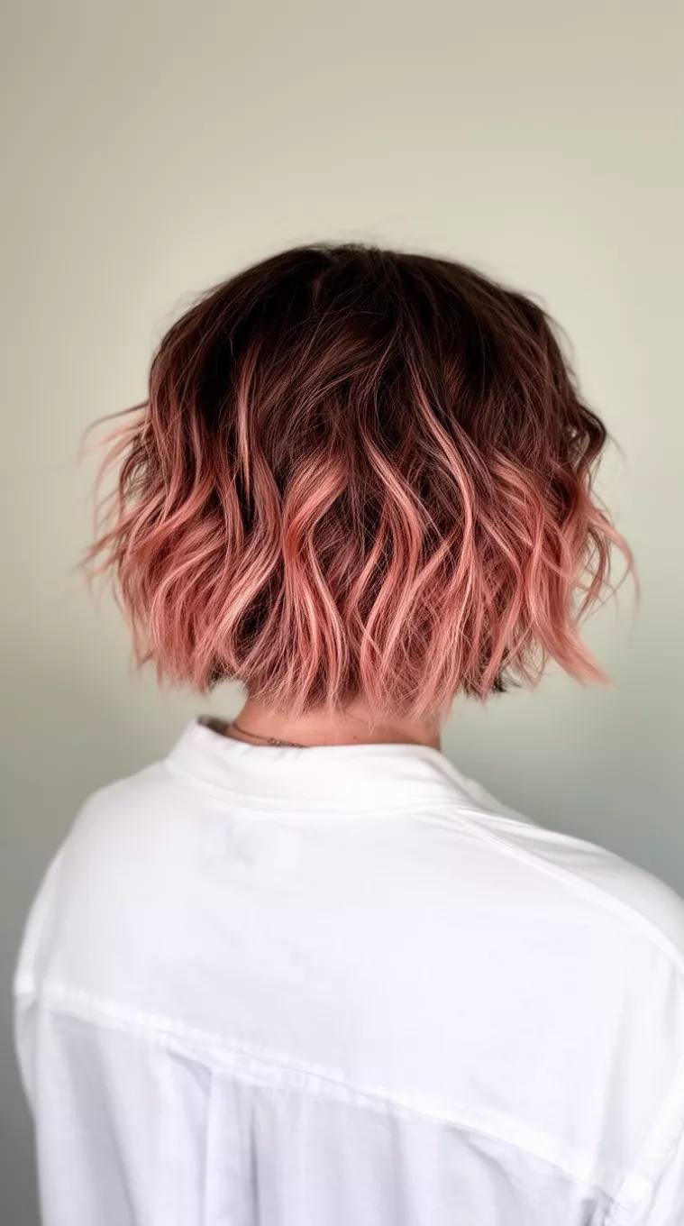 casual photo of a 35-year-old woman wearing a white shirt with a Rose Gold Shadow Root colored short, layered, tousled bob with deep brown roots and rose-gold ends hairstyle, back view, minimal background.
