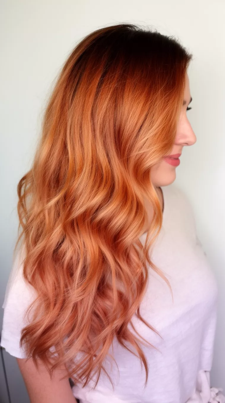 casual photo of a 33-year-old woman wearing a light top with a Strawberry Bronde colored long, wavy hair melting from darker roots into strawberry-blonde hairstyle, side view, minimal background.