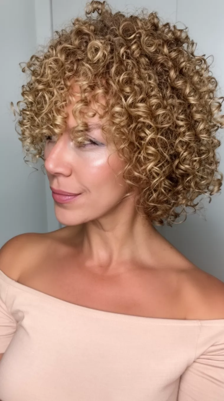 selfie of a 35-year-old woman wearing a light beige off-the-shoulder top with a Toasted Marshmallow colored voluminous, tightly curled, light brown/blonde hairstyle, side view, minimal background.