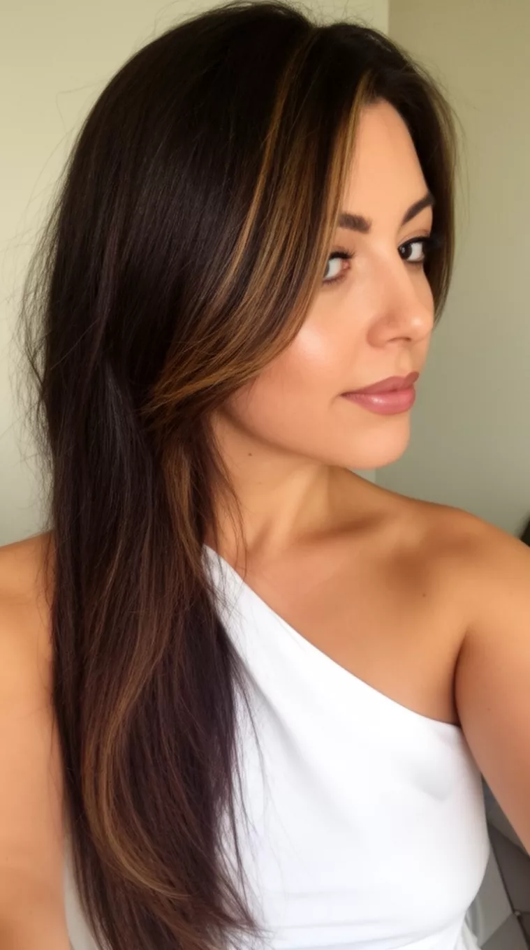 selfie of a 33-year-old woman wearing a white one-shoulder top with a Dark Cocoa colored long, dark brown hair with face-framing highlights hairstyle, side view, minimal background.