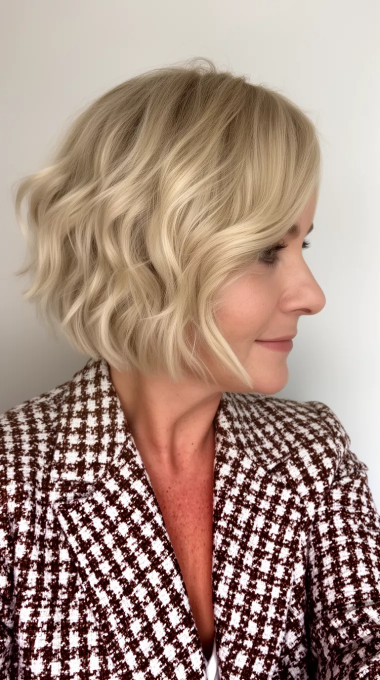 selfie of a 41-year-old woman wearing a brown and white patterned blazer with a Champagne Butter Blonde colored wavy, layered blonde bob hairstyle, side view, minimal background.