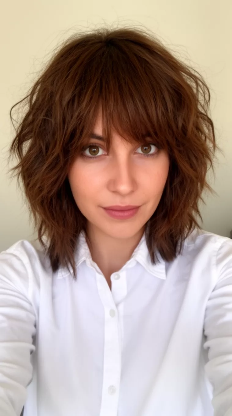 selfie of a 30-year-old woman wearing a white button-down shirt with a Choppy Chestnut colored medium-length, wavy brown hair with choppy layers hairstyle, front view, minimal background.