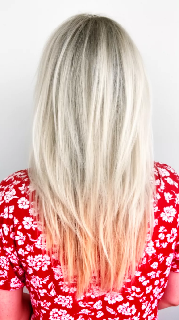 casual photo of a 30-year-old woman wearing a red top with a white floral print with a Sun-Bleached Surf Blonde colored long, layered, bright blonde hair hairstyle, back view, minimal background.