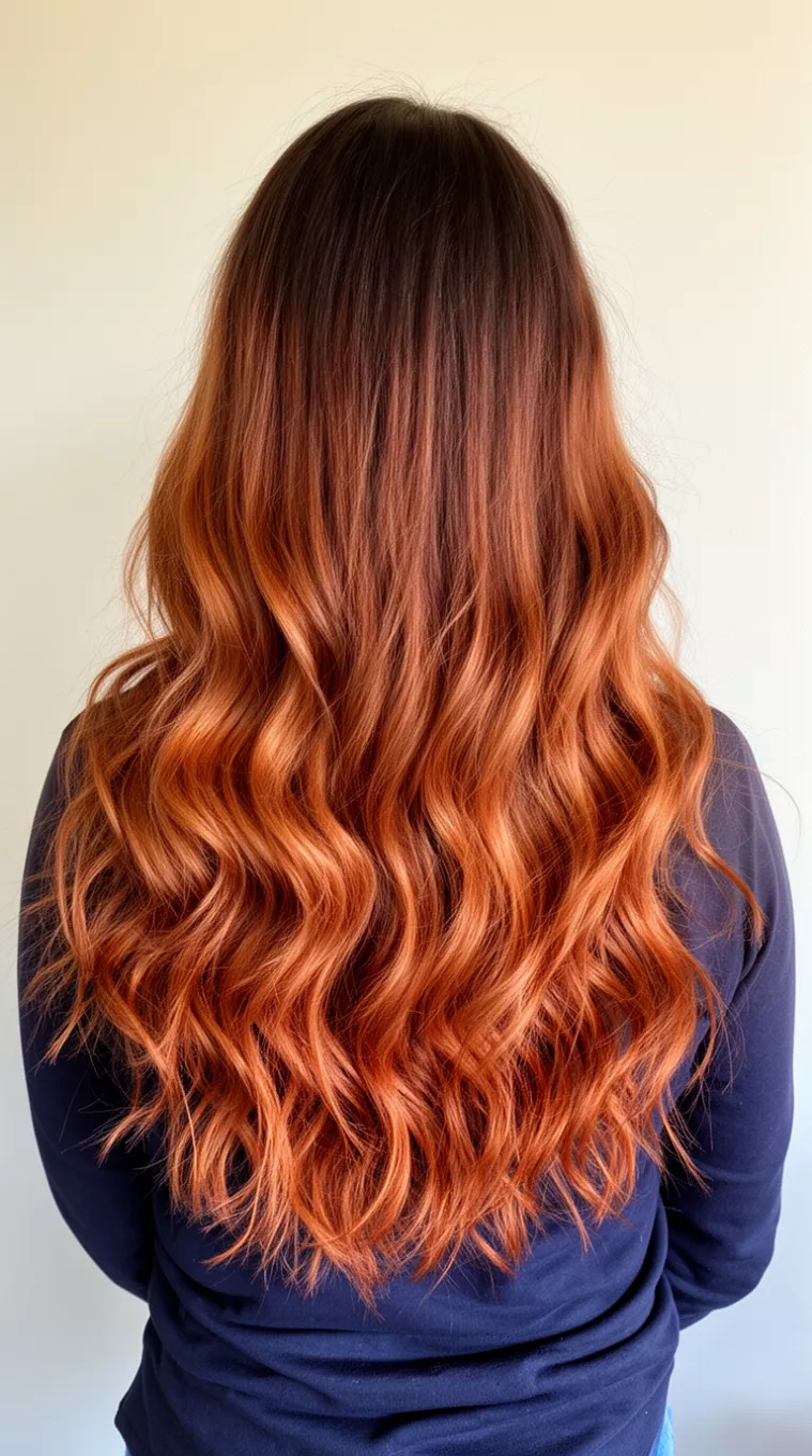 casual photo of a 34-year-old woman wearing a dark top with a Copper Melt colored long, wavy hair with dark roots to warm coppery light auburn ends hairstyle, back view, minimal background.