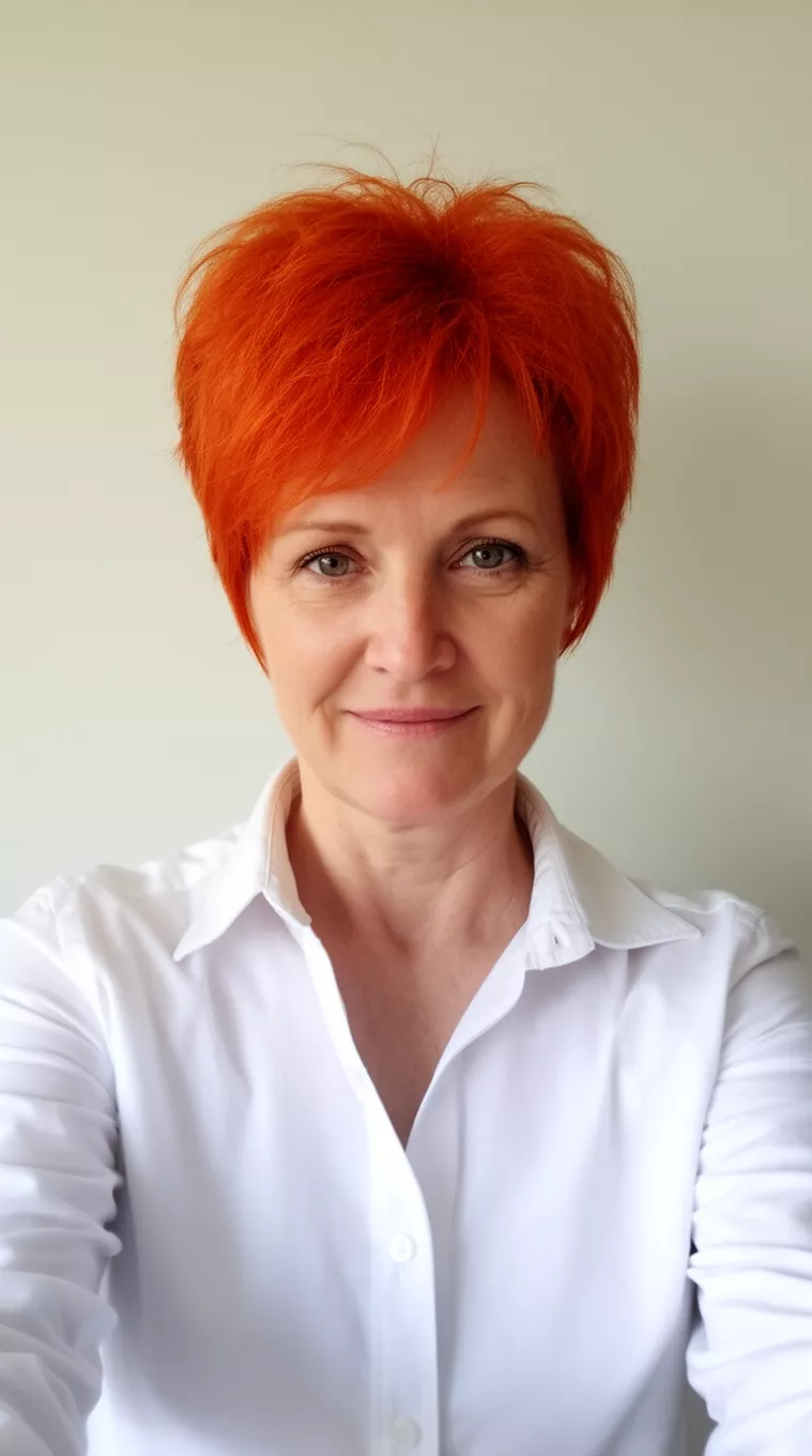 selfie of a 49-year-old woman wearing a white button-down shirt with a Vibrant Ginger colored short, reddish-orange hair hairstyle, front view, minimal background.