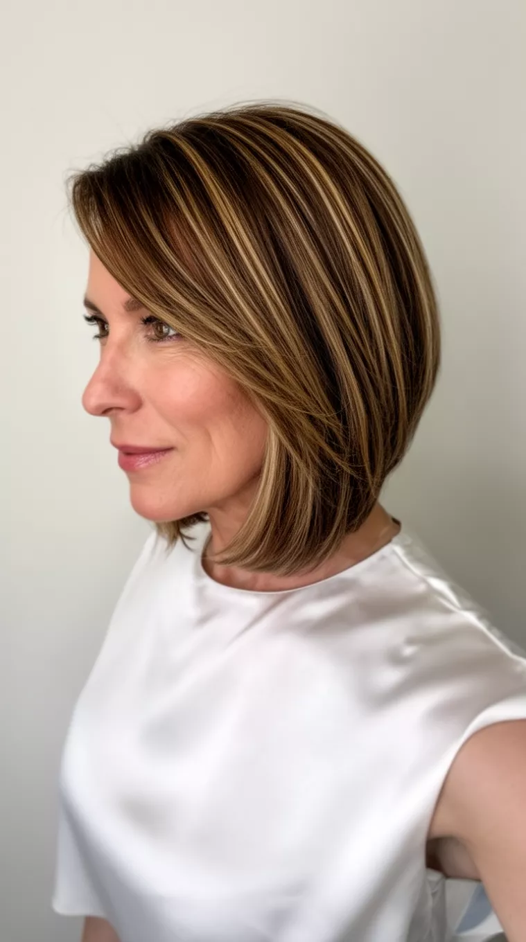 selfie of a 42-year-old woman wearing a white satin top with a Sleek Almond colored slightly angled bob with brown and blonde highlights hairstyle, side view, minimal background.