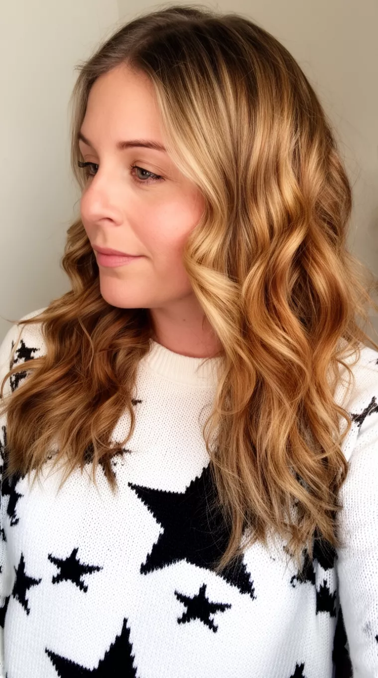 casual photo of a 31-year-old woman wearing a white and black star sweater with a Caramel Star Smudge colored long, wavy hair with root smudge and blonde/caramel highlights hairstyle, side view, minimal background.