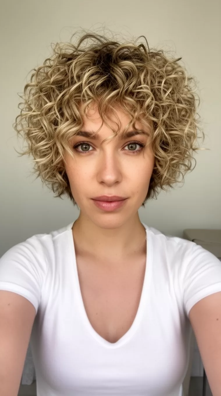 selfie of a 27-year-old woman wearing a white top with a Short Frosted Latte colored short, messy, layered cut with tight curls and blonde highlights hairstyle, front view, minimal background.