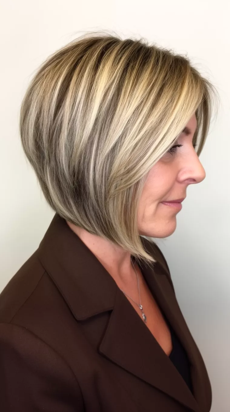casual photo of a 47-year-old woman wearing a structured jacket with a dark brown with thick cool blonde highlights colored layered angled bob hairstyle, side view, minimal background.