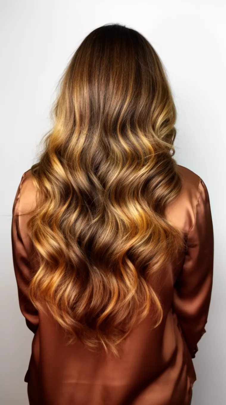 casual photo of a 42-year-old woman wearing a silk blouse with a brown with warm caramel and golden brown highlights colored long voluminous wavy hairstyle, back view, minimal background.
