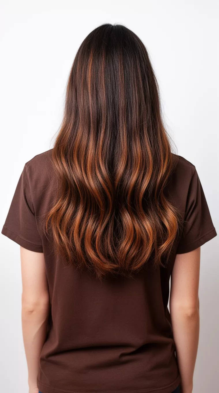 casual photo of a 29-year-old woman wearing a cotton tee with a dark brown with subtle warm lighter brown highlights colored long hairstyle, back view, minimal background.