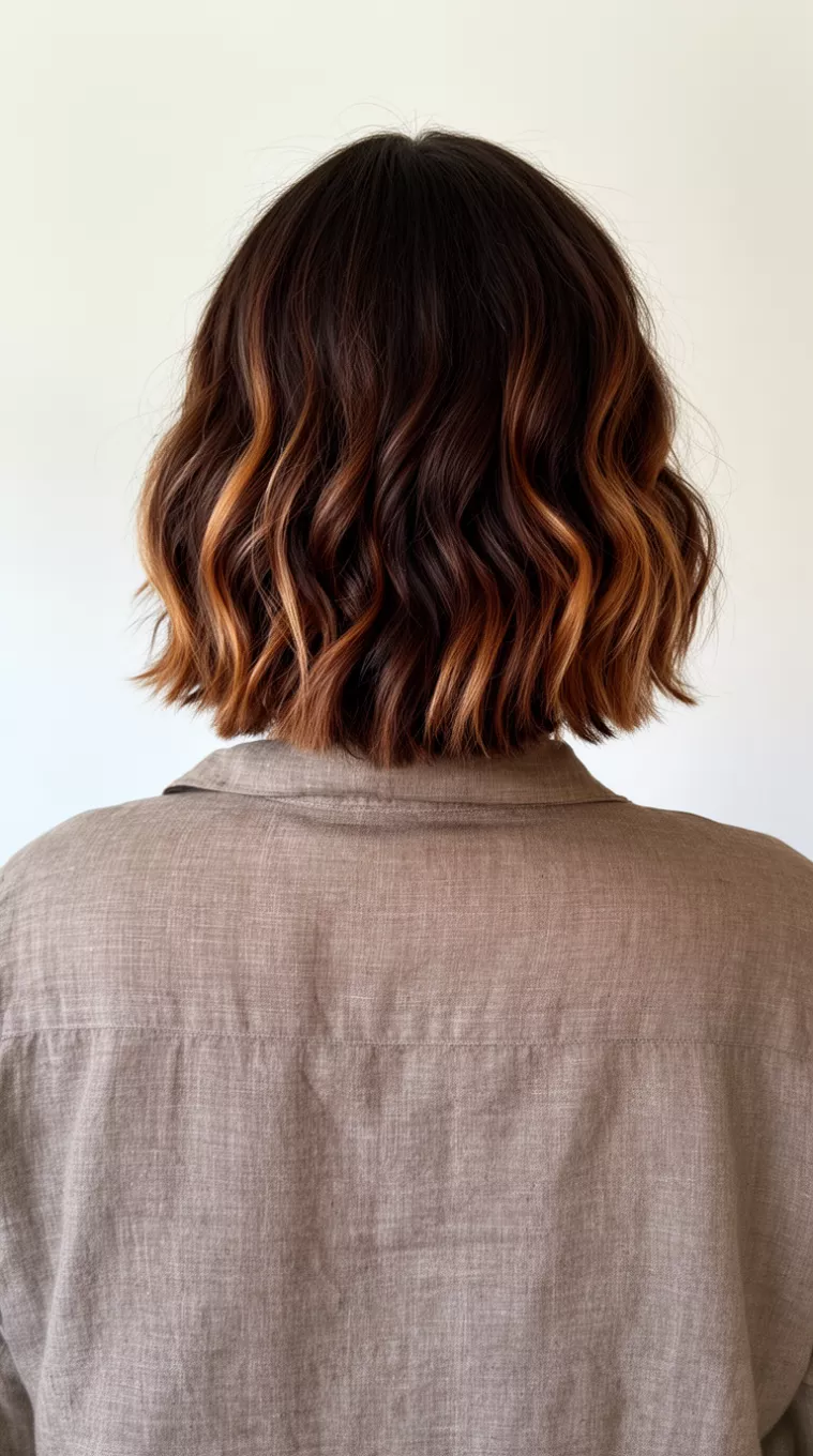 casual photo of a 41-year-old woman wearing a linen shirt with a dark brown with soft caramel-toned highlights colored wavy chin-length bob hairstyle, back view, minimal background.