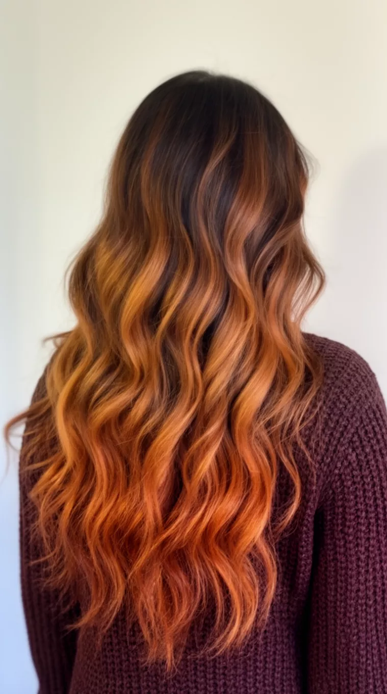 casual photo of a 34-year-old woman wearing a knit top with a rich dark brown with chunky warm caramel highlights colored very long wavy hairstyle, back view, minimal background.
