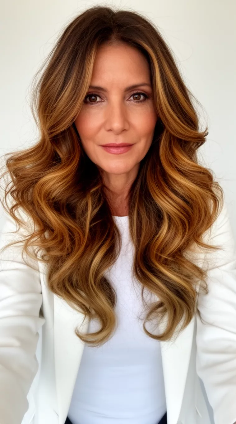 selfie of a 43-year-old woman wearing a white top and blazer with a long voluminous wavy brown with strong golden-brown highlights colored hairstyle, front view, minimal background.