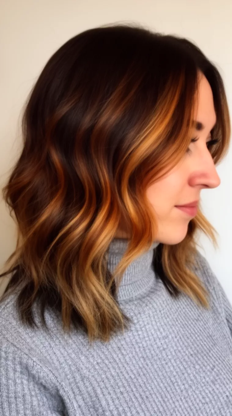 casual photo of a 30-year-old woman wearing a turtleneck with a medium-length dark brown with warm caramel highlights underneath colored wavy hairstyle, side view, minimal background.